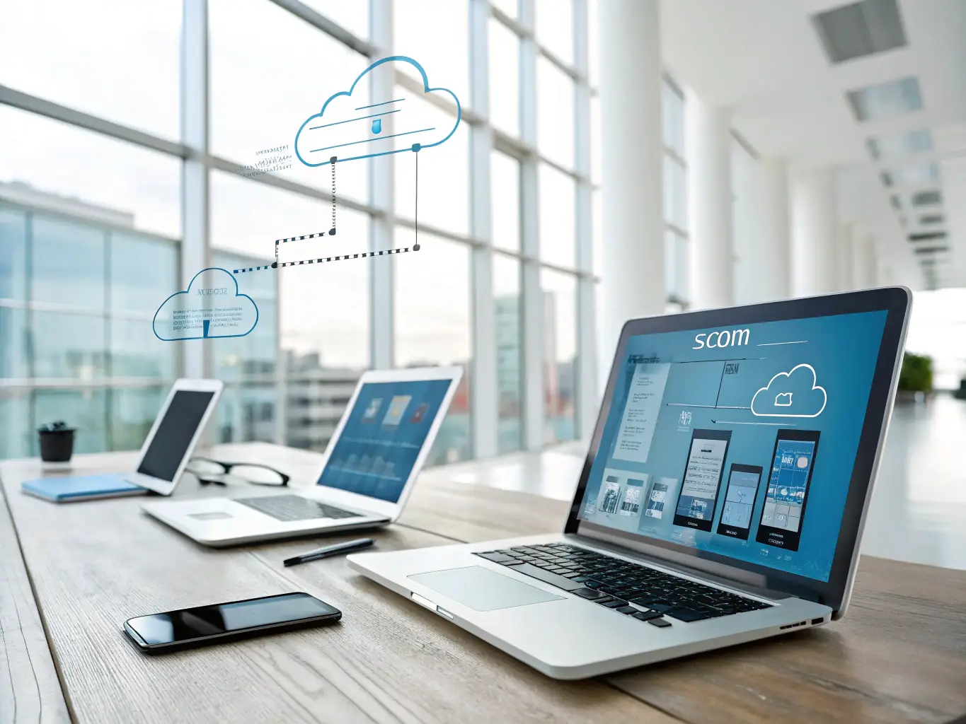 An image of cloud icons connected to various devices symbolizing cloud connectivity, representing Pinnacle IT's cloud solutions.