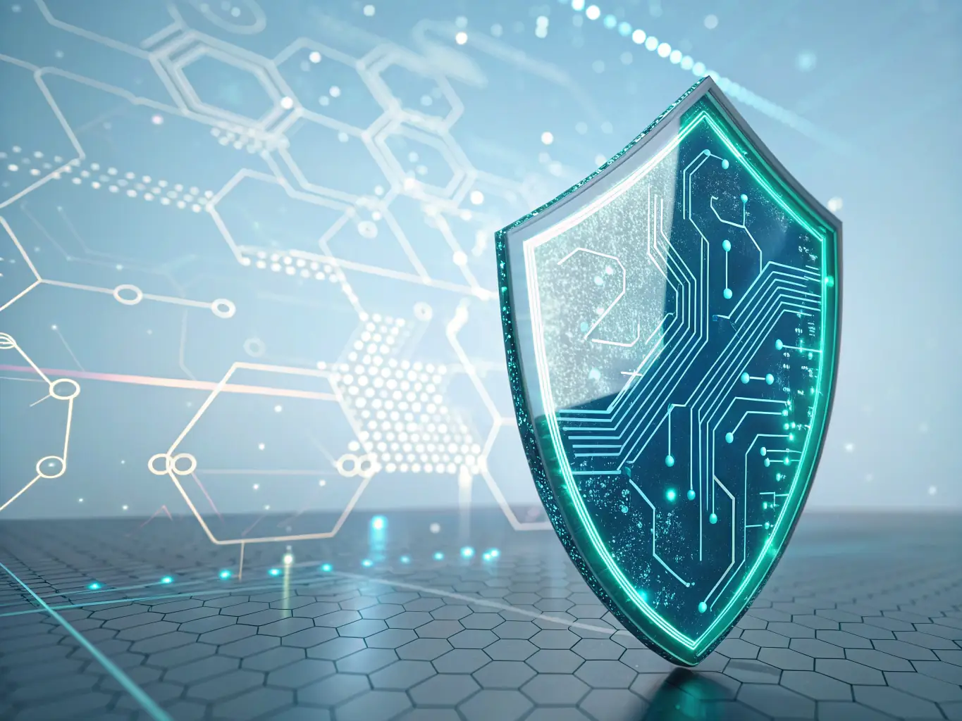 An image depicting a shield icon over digital data streams representing security, symbolizing Pinnacle IT's cybersecurity solutions.