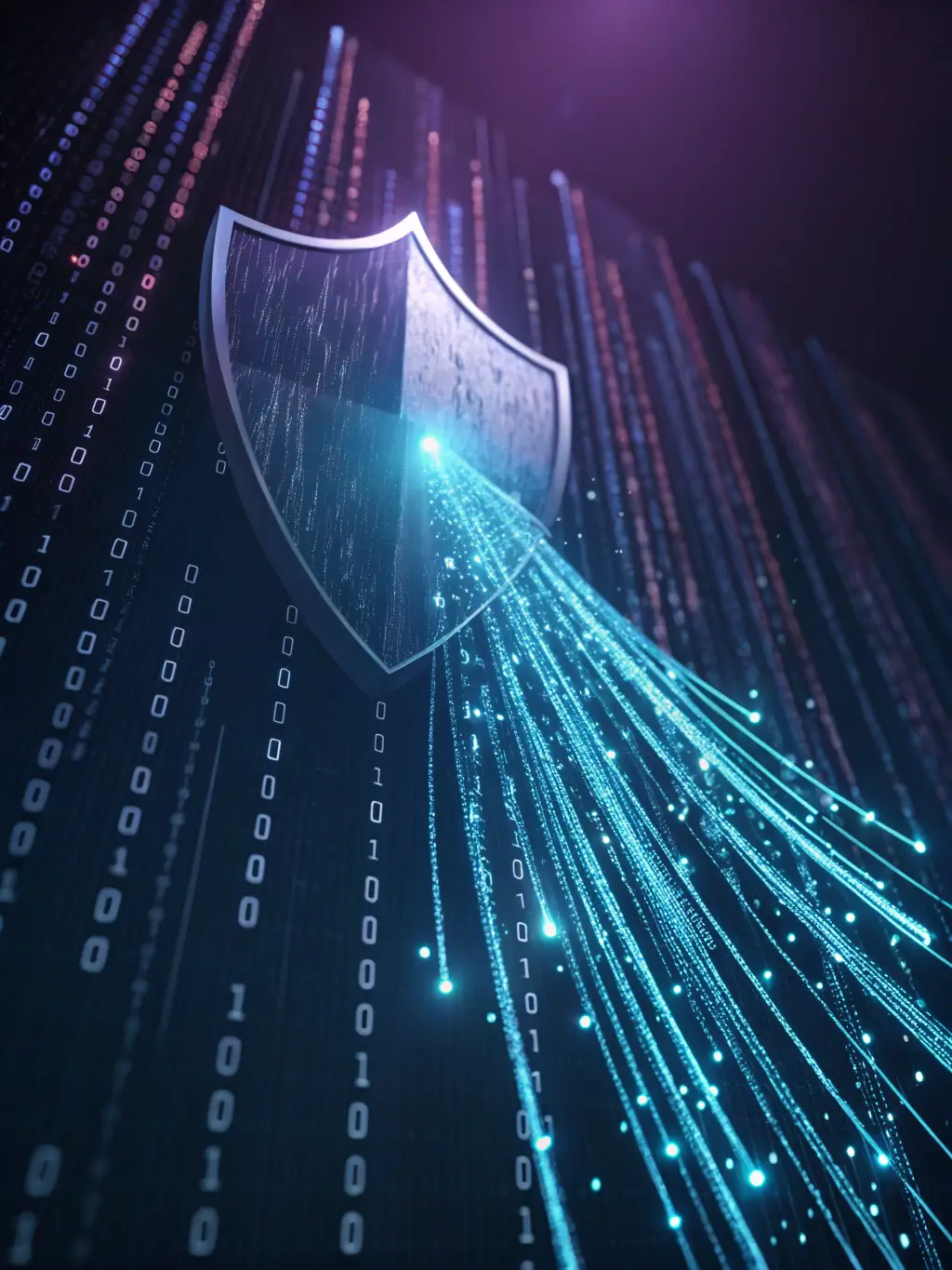 An image depicting a shield icon over digital data streams, symbolizing Pinnacle IT's cybersecurity solutions.