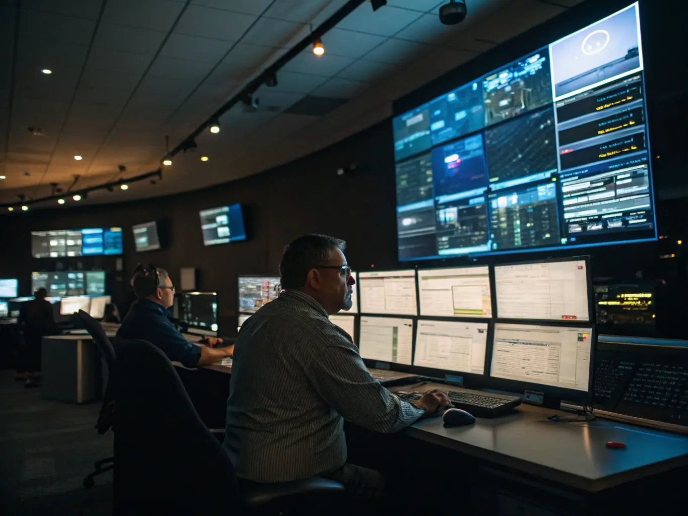 An image showing a network operations center with technicians monitoring systems, representing Pinnacle IT's network management services.