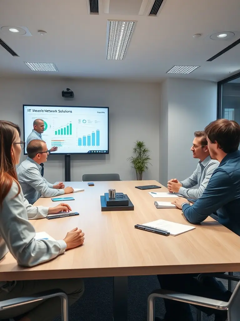 A team of IT professionals collaborating on cloud migration strategy, ensuring seamless transition and minimal disruption for a client's business operations.