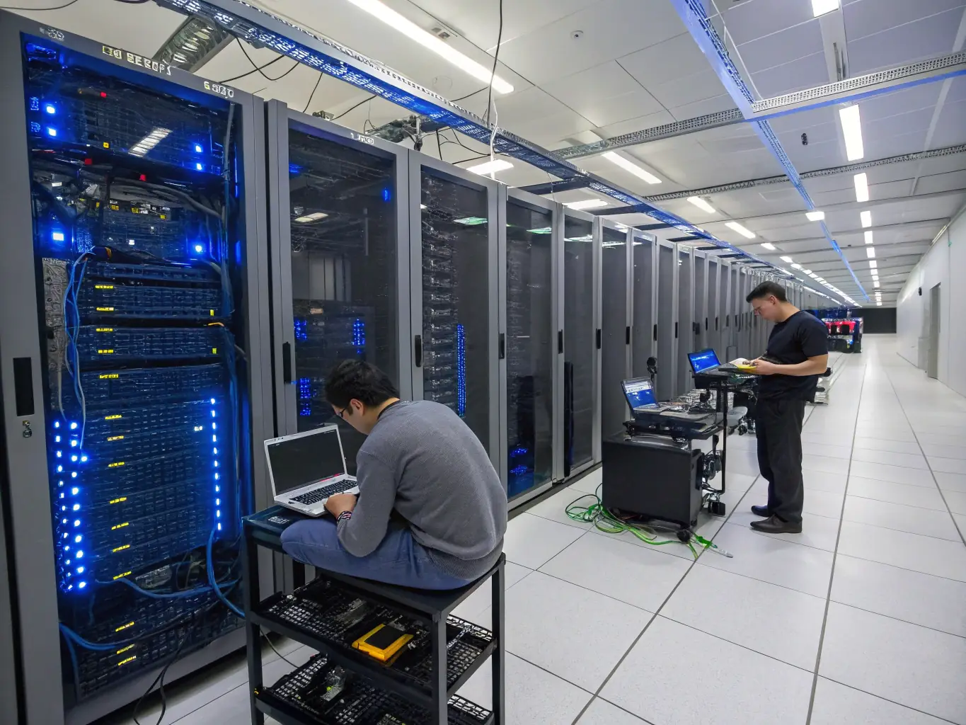 A network administrator configuring a server rack in a modern data center, symbolizing Pinnacle IT's network management expertise.