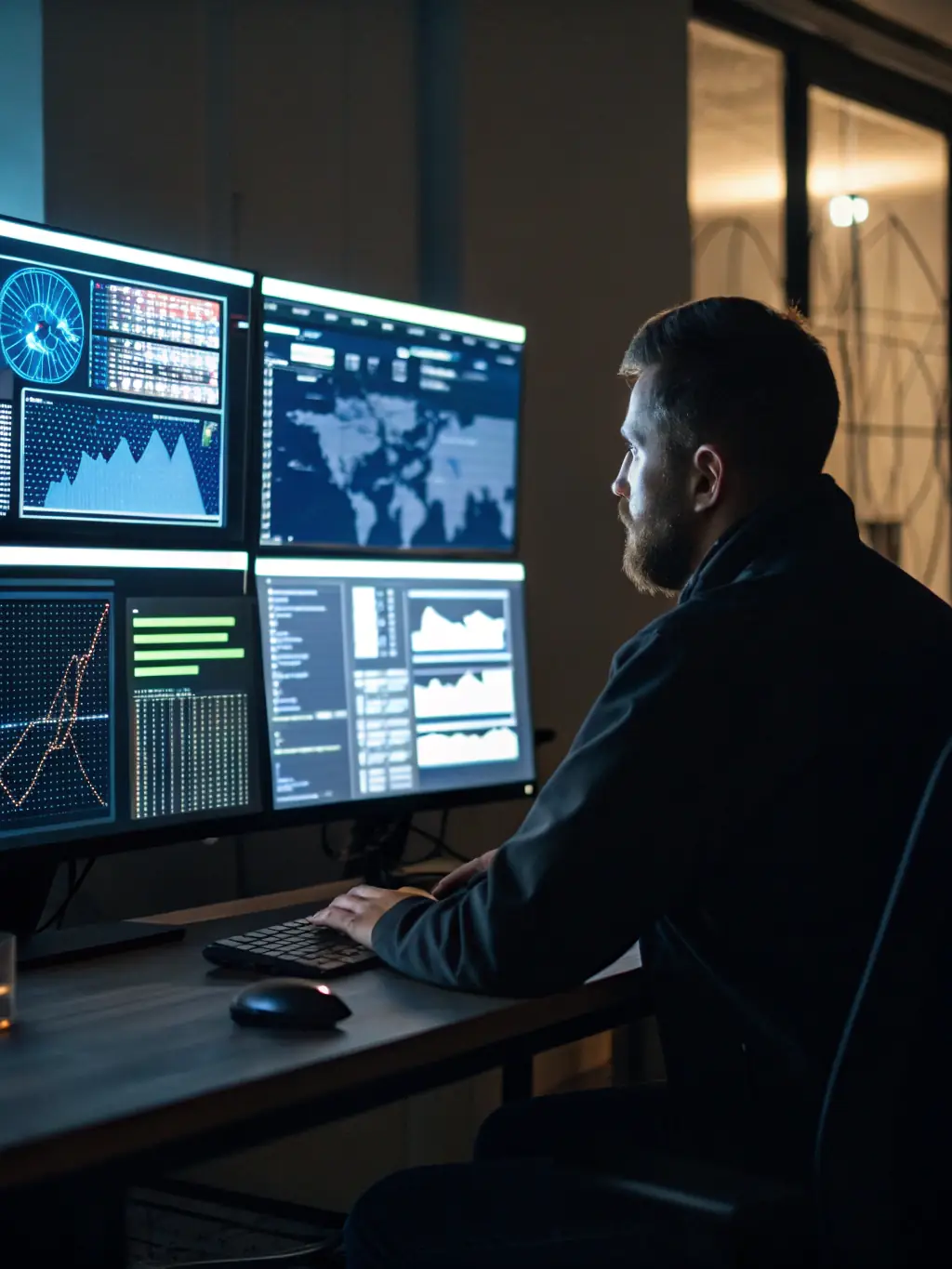 A cybersecurity expert monitoring a security dashboard, identifying and mitigating potential threats to protect a client's sensitive data.