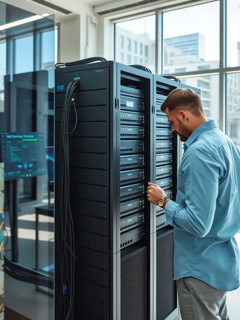 A professional IT consultant analyzing network infrastructure in a modern office setting, focusing on optimizing performance and security for a client.